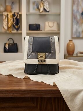 Sharif Navy and Cream Leather Flap Crossbody with Brass-Tone Lock